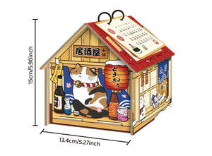 Japanese-style desk accessory featuring a Cat's Kitchen (猫の料理屋) design, functioning as a DIY calendar and small item storage box.